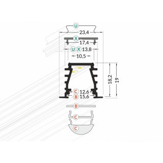 WA-DEEP10 200cm LED-Profil silber H19*B23,4mm Einbau-Profil CUT_T18,2*b17,4mm