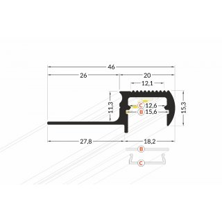 STEP-FLI12 160cm LED-Profil Messing H15,3*B46mm Sicht B20mm Teppen-Profil