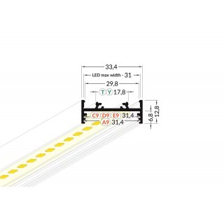 L30-01 Alu-SYTEM Aufbauprofil Profil B33,4xh12,8xL200cm für LED bis 27mm Silber Eloxiert