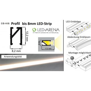 EIB-HII8 200cm LED-Profil SILBER H12,2*8,2mm für 8mm LED-Streifen EINBAUPROFIL Küchenprofil MICRO incl Abdeckung