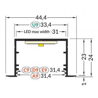 L30 T24 Alu Einbau-Profil Silber B44,4xh24xL200cm Lichtfeld breit 3cm, für LED bis 30mm, Loch Ausschnitt 35x200mm