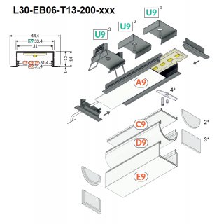 L30 T13 Alu-Einbau-Profil B44xh14xL200cm Lichtfeld breit 3cm, für LED bis 30mm, Loch Ausschnitt T13xB33,5x200mm
