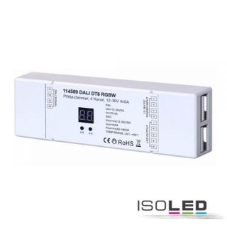 DALI DT8 RGB+W PWM-Controller, 4 Kanal, 12-36V 4x5A, 48V 4x3A H28 x B54 x L170mm IP20 12-48V DC Dimmbereich 0-100% in 256 Stufen