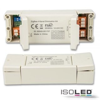 ZigBee 3.0 PWM-Controller für LED Flexbänder/Spots, 4 Kanal, 12-24V 4x1.5A, 36-48V 4x0.75A H30 x B50 x L140mm IP20 12-48V DC PWM Frequenz: 4KHz. 
Letzte Einstellung bleibt bei primärseitiger Trennung der Stromzufuhr erhalten, Auswahl der Betriebsart Singl