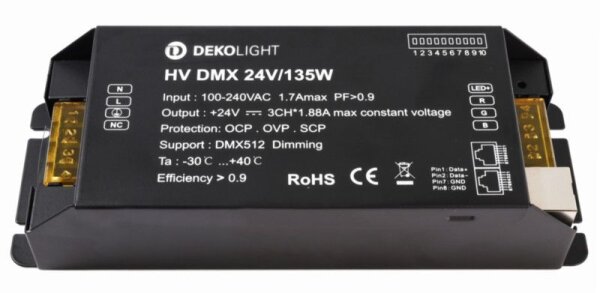 Deko-Light, Netzgerät (CV, DC) dimmbar, BASIC, DIM, CV, HV DMX 24V/135W, Spannungskonstant, Dimmbar: