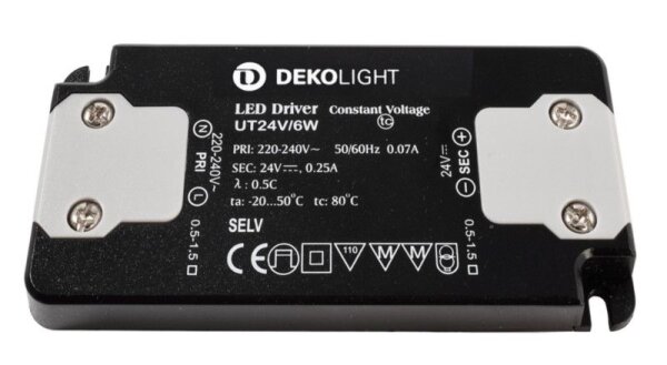 Deko-Light, Netzgerät (CV, DC), FLAT, CV, UT 24 V/6 W, Spannungskonstant, 6.0 W, 220-240 V/AC, Ausga