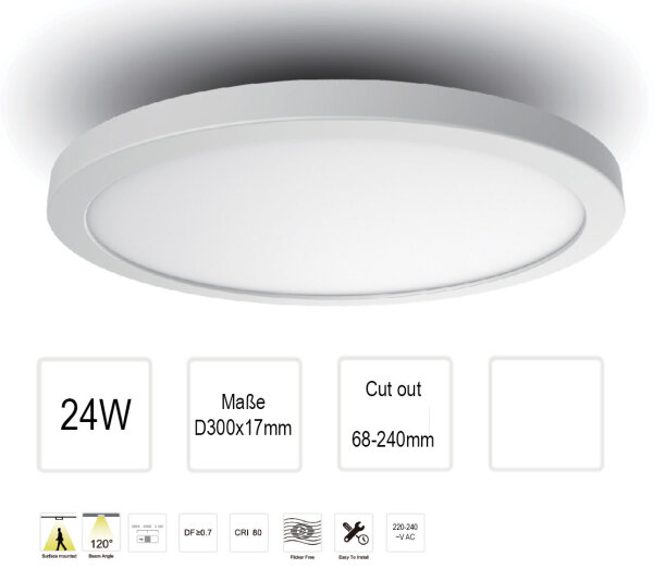 EIONLED LUMINORIO SLIM Renovierungsleuchte mit flexiblem Deckeneinbau und Aufbaumontage color Switch 3000K/4000K/6000K IP20 Ra80 24Watt 2640lm D300x17mm cutout D65-240mm