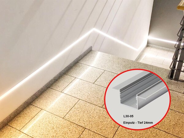 L30 T20 Alu Einputz-Profil Rohalu B64xh24xL200cm Lichtfeld breit 3cm, für LED bis 30mm, Loch Ausschnitt 35x200mm incl. matte Abdeckung