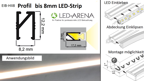 EIB-HII8 200cm LED-Profil silber H12,2*8,2mm für 8mm LED-Streifen Einbauprofil Küchenprofil micro incl. matte Abdeckung