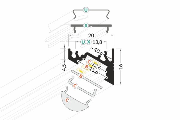 EK-30-60-10 400cm LED-Profil alu eloxiert H16*B20mm Eck-Profil incl. matte Abdeckung