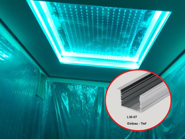 L30 T24 Alu Einbau-Profil Silber B44,4xh24xL200cm Lichtfeld breit 3cm, für LED bis 30mm, Loch Ausschnitt 35x200mm incl matte Abdeckung