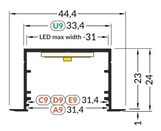 L30 T23 Alu Einbau-Profil weiß B44,4xh24xL200cm Lichtfeld breit 3cm, für LED bis 30mm, Loch Ausschnitt 35x200mm incl matte Abdeckung